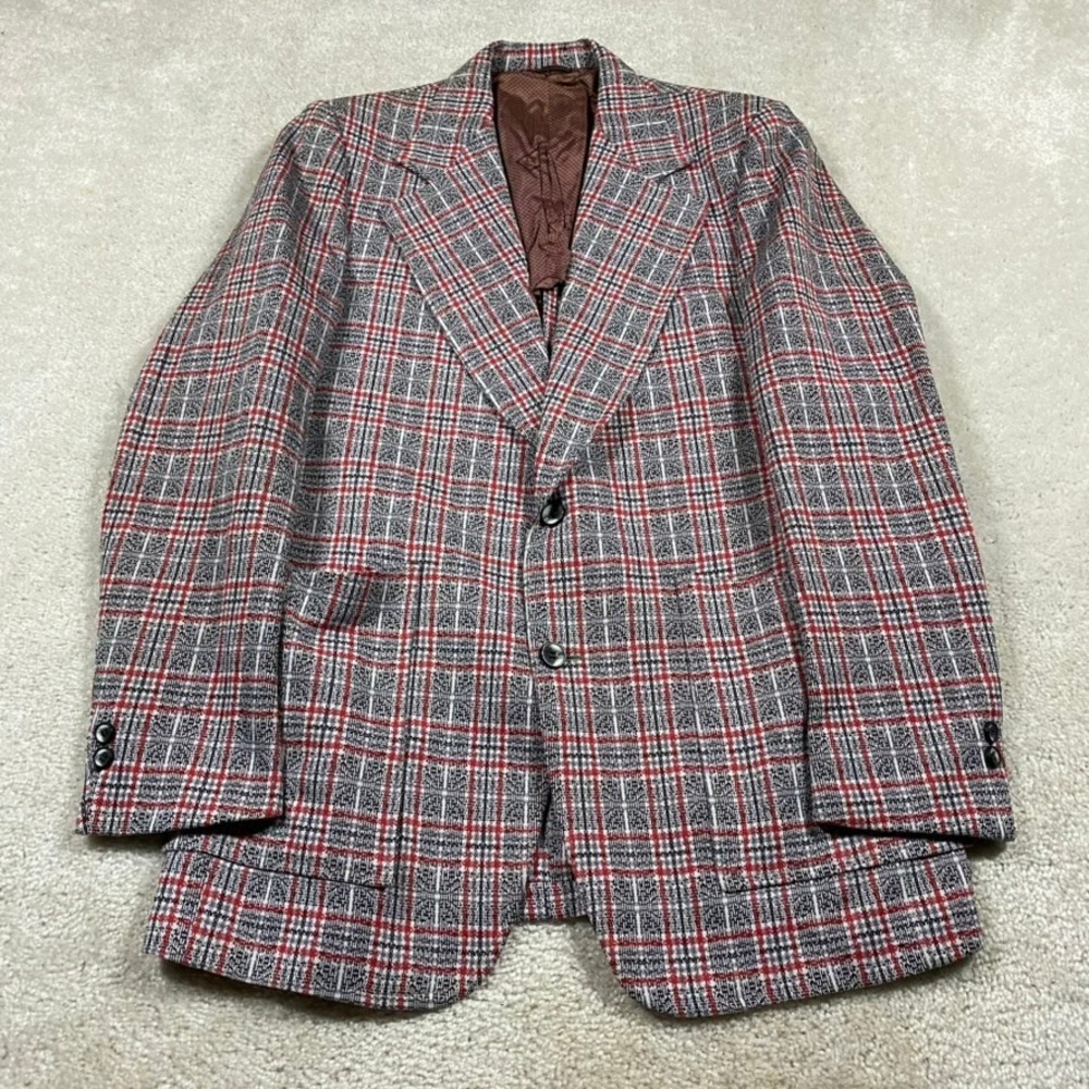 VTG 70s Sears Plaid Blazer Mens 42L Kings Road Retro Disco Sport Coat Red Black